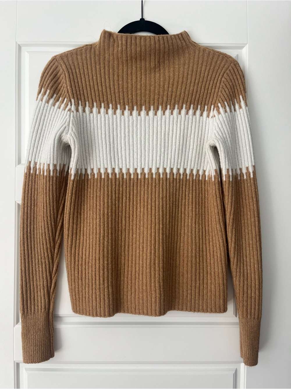 French Connection Camel and White Ribbed Cowl Neck Sweater